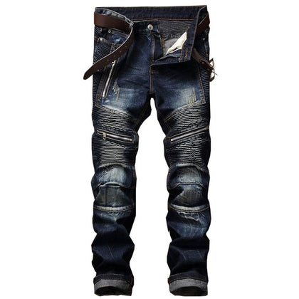 Straight Washed Multi Zipper pants homme Pleated Biker Jeans Pants 2018 Men's Slim Fit Brand Designer Denim Trousers For Male