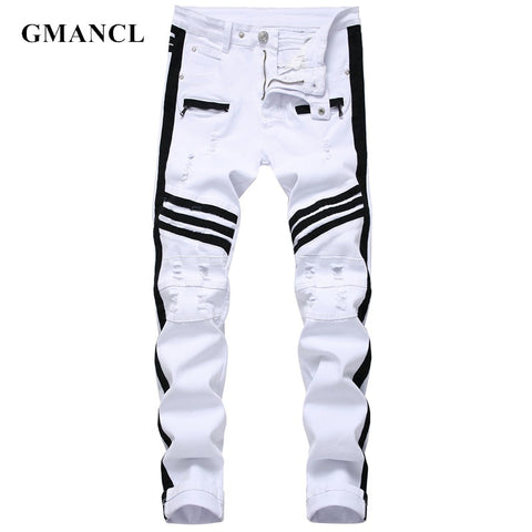 Men Hip-hop Stripe design Patchwork Ripped Stretch Slim Jeans Streetwear Cotton Male Casual Joggers Denim trousers Plus Size 42