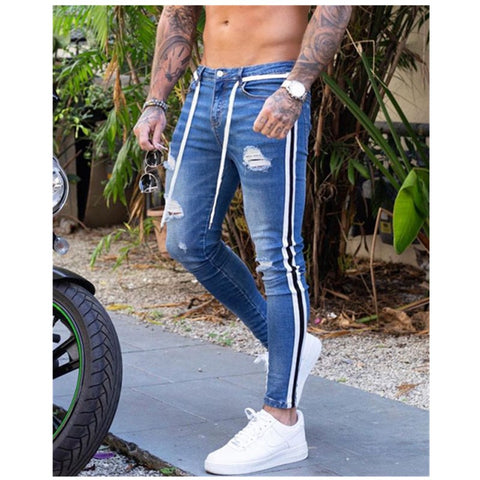 2020 Men's Painted Skinny Slim Fit Straight Ripped Distressed Pleated Knee Patch Denim Pants Stretch Jeans