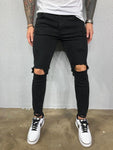 Men's Skinny Jeans Side Stripes Ripped Frayed Slim Fit Denim Pants Hip Hop Black Streetwear Rolled Edge Casual Jean Trousers Men