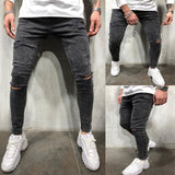 Men's Skinny Jeans Side Stripes Ripped Frayed Slim Fit Denim Pants Hip Hop Black Streetwear Rolled Edge Casual Jean Trousers Men