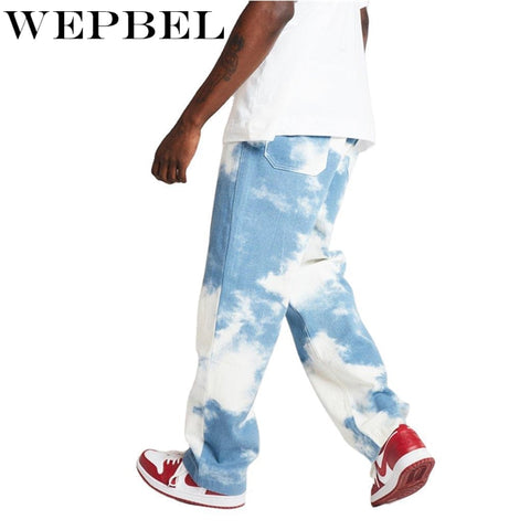 WEPBEL Men Casual Loose Straight Denim Pants Tie Dye Print Sky Blue Long Trouser Straight Jeans