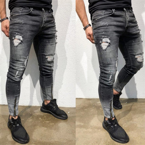 Men's  Skinny Stretch Denim Pants Distressed Ripped Freyed Slim Fit Fashion The locomotive Jeans Trousers MenPencil pants